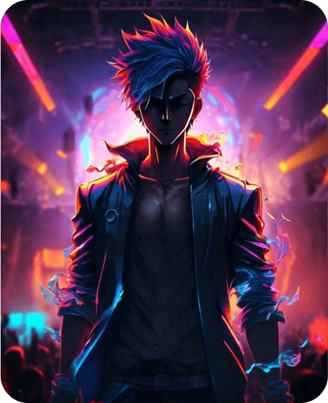 Person with spiky hair wearing a jacket with a futuristic background